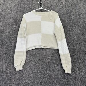 Moon & Madison Sweater Womens Small Beige Checkered Knit Crew Cropped Casual